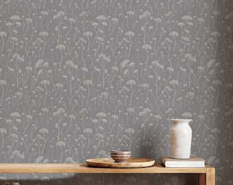 Floral Silhouette Wall Covering | Dark Grey | Peel and Stick or Unpasted Wallpaper Mural | Non-toxic