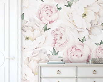 Peony Flower Mural Wallpaper, Pink, Watercolor Peony Extra Large Wall Art,  Wall Mural