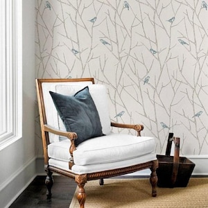 Branch Birds Wall Covering | Blue Beige | Peel and Stick or Unpasted Wallpaper Mural | Non-toxic