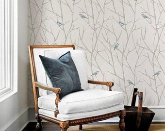 Branch Birds Wall Covering | Blue Beige | Peel and Stick or Unpasted Wallpaper Mural | Non-toxic