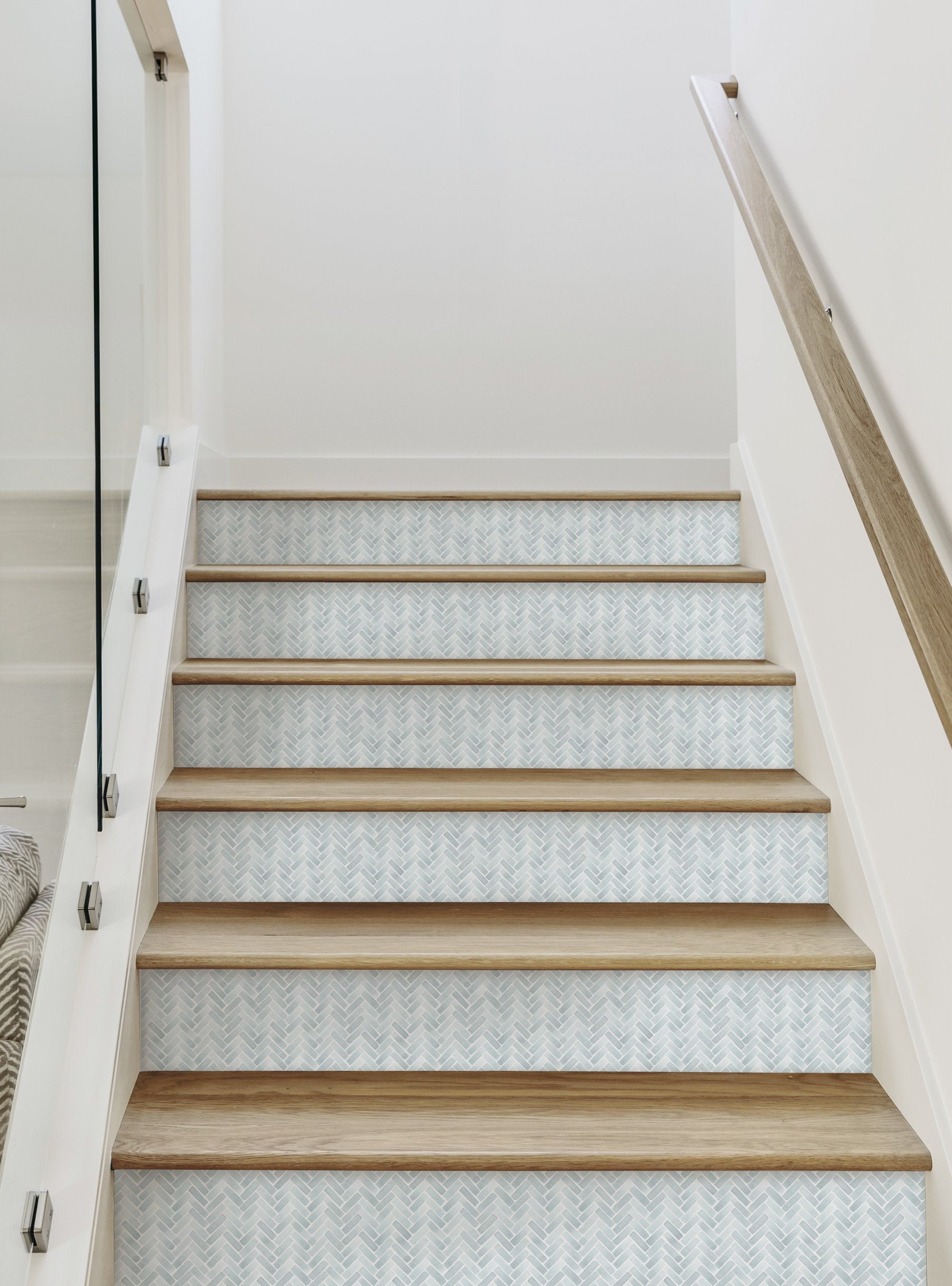 Watercolor Herringbone, Misty Blue,    Vinyl Peel and Stick Stair Riser Strip Sticker