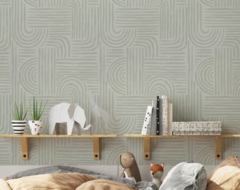 Organic Painted Lines Wall Covering | Sage | Peel and Stick or Unpasted Wallpaper Mural | Non-toxic
