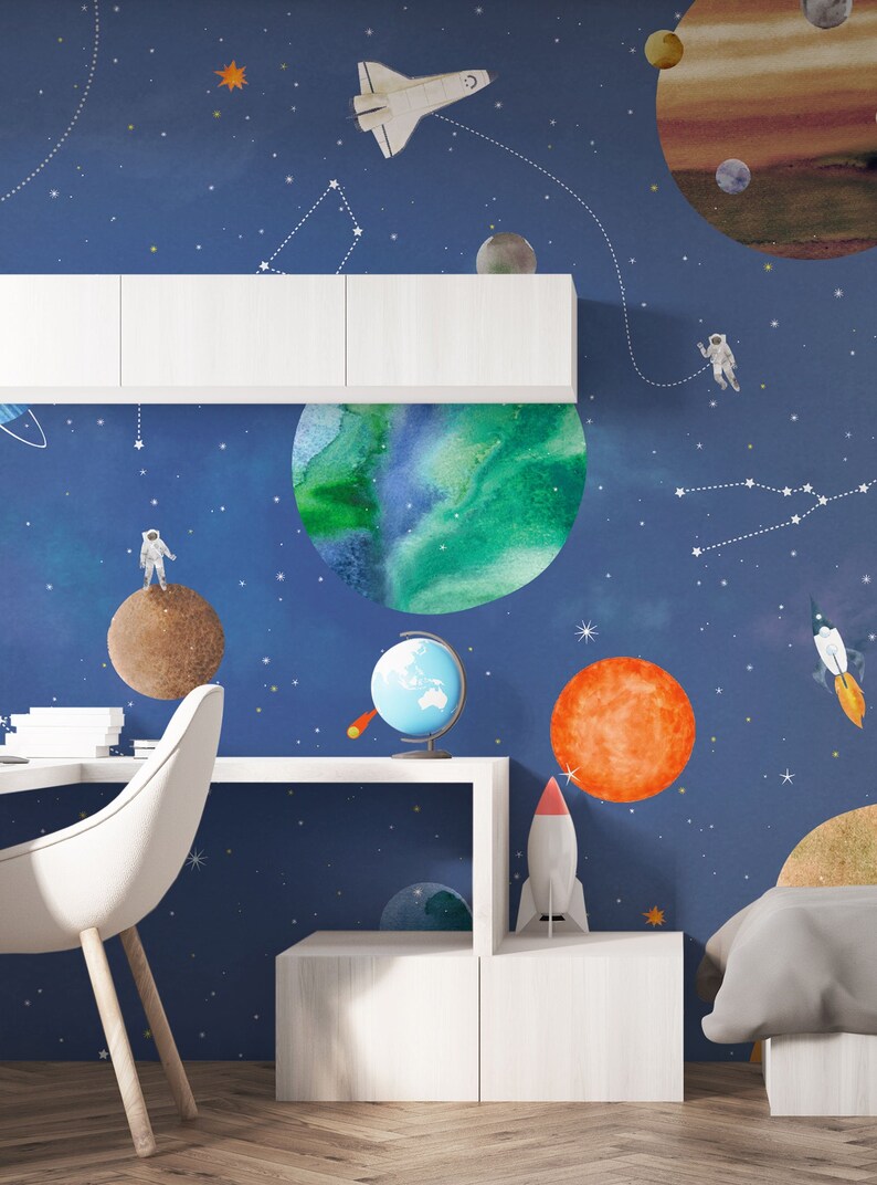 Space Mural Wallpaper Blue Space Wall Art Peel and Stick | Etsy