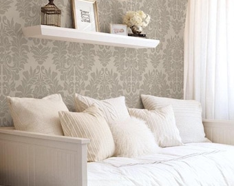 Damask Classic Wall Covering | Warm Grey | Peel and Stick or Unpasted Wallpaper Mural | Non-toxic