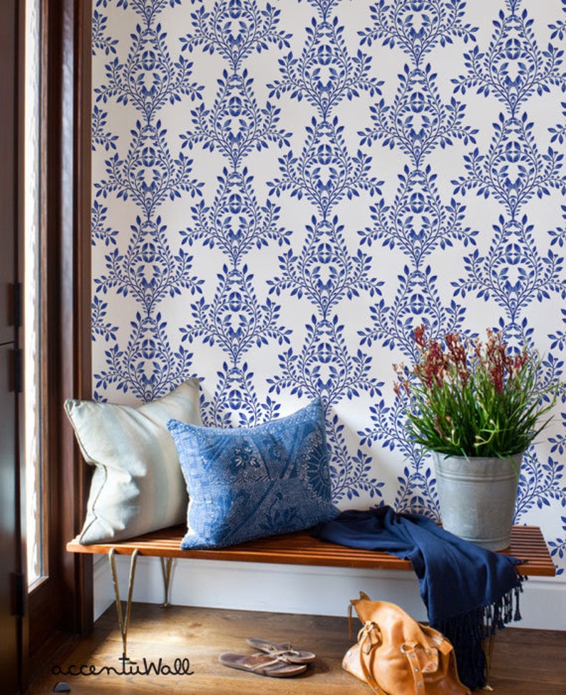 Damask Leaves Wallpaper Royal Blue Peel & Stick Fabric Etsy