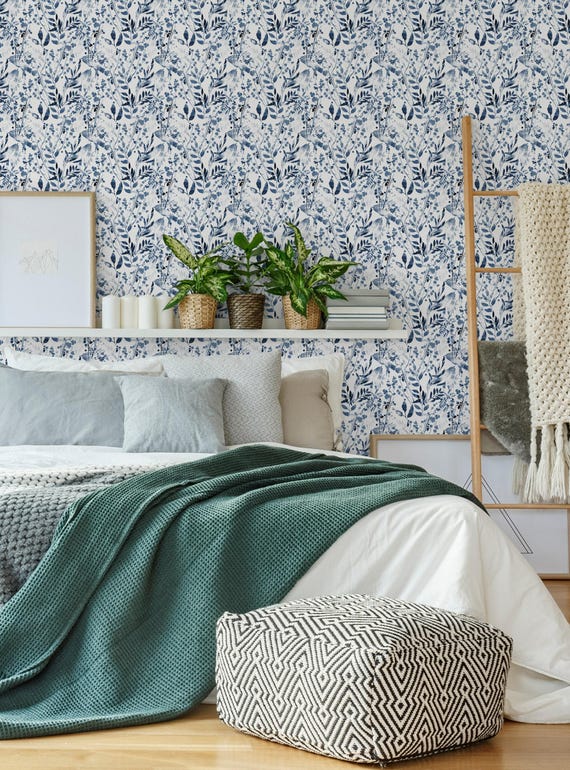 Watercolor Foliage Wall Covering | Indigo | Peel and Stick or Unpasted Wallpaper Mural | Non-toxic