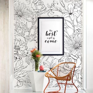 Botanischer Garten Handgezeichnete Blumen Akzent Wandbild Tapete, Line Art Blumen, Extragroße Wandkunst, Wandbild