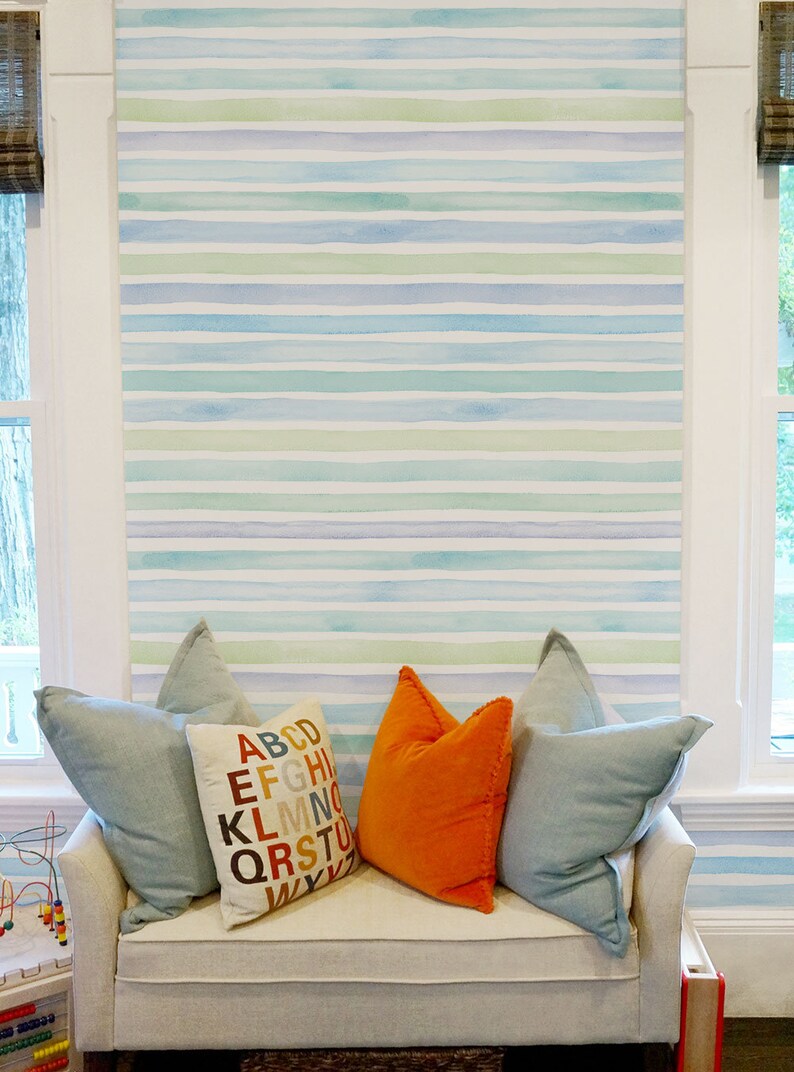 Watercolor Stripes Ocean Blue Peel & Stick Fabric Wallpaper Etsy