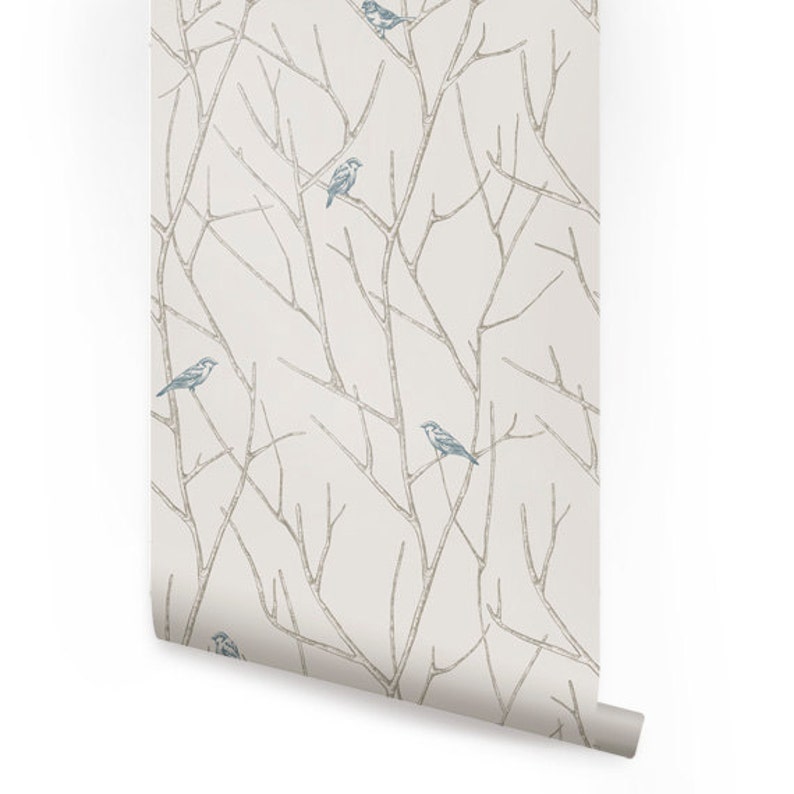 Branch Birds Blue Peel & Stick Wallpaper Repositionable zdjęcie 1