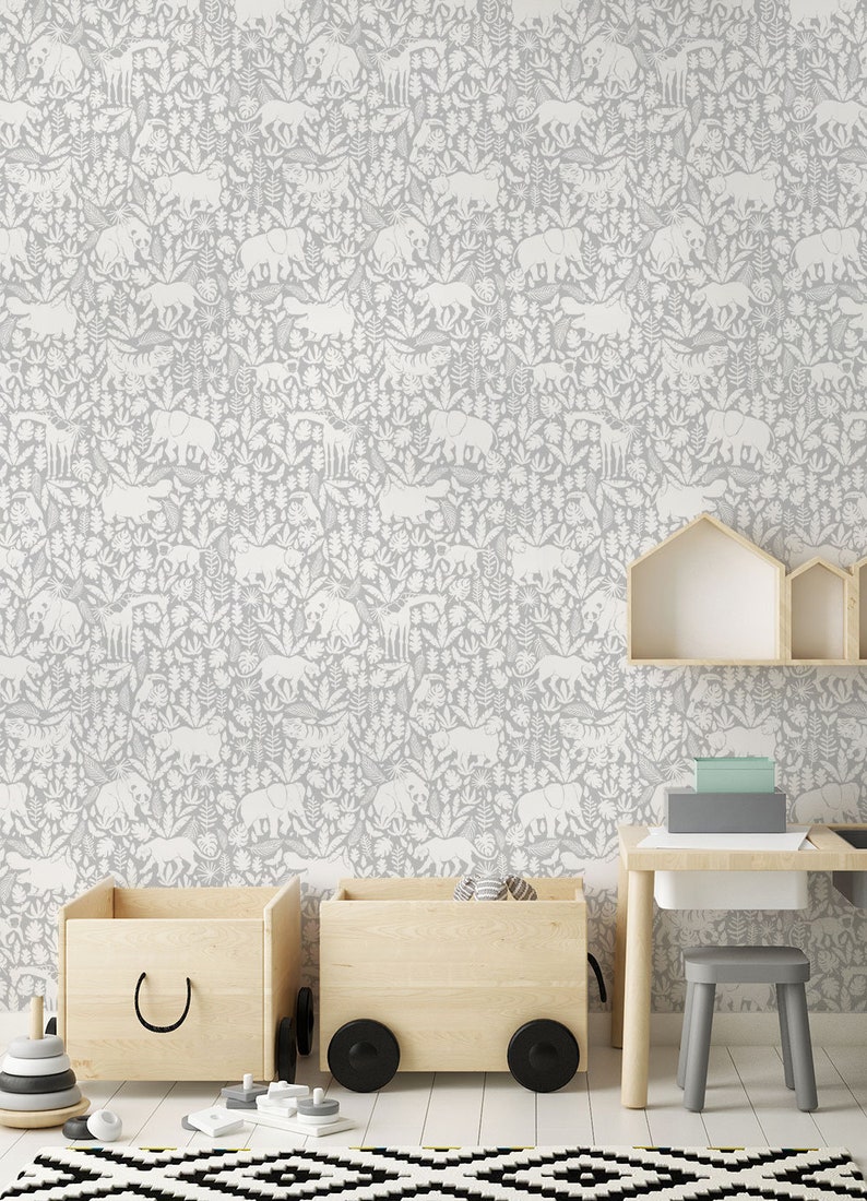 Jungle Animals Pattern Cool Grey Peel /& Stick Fabric Wallpaper Repositionable
