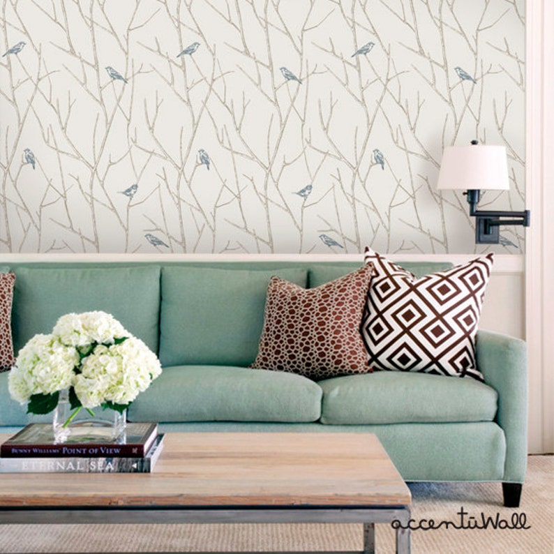 Branch Birds Blue Peel & Stick Fabric Wallpaper Repositionable Etsy