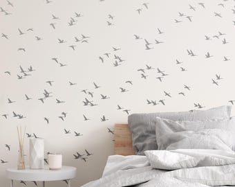 Soaring Birds Mural Wall Covering | Grey | Peel and Stick or Unpasted Wallpaper Mural | Non-toxic