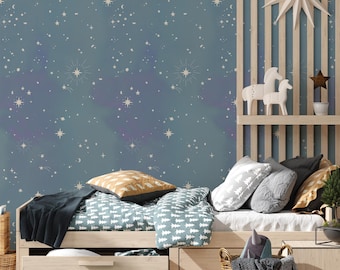 Stargazing Wall Covering |  Aurora Blue | Peel and Stick or Unpasted Wallpaper Mural | Non-toxic