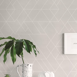 May include: A gray wall with a white geometric pattern. A white ceramic pitcher with black speckles, a small potted succulent, a glass orb, and a white origami elephant are on a white shelf in front of the wall.