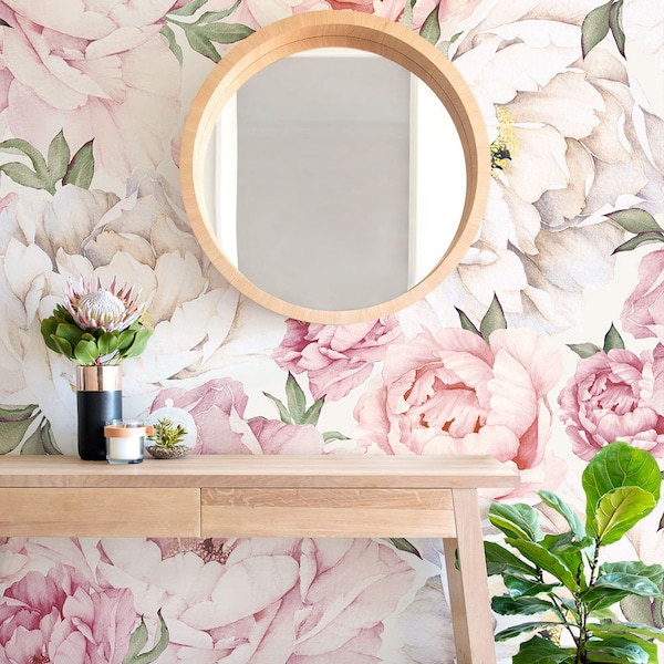 Peony Flower Mural Wallpaper, Mixed Pink, Watercolor Peony Extra Large Wall Art, Peel and Stick Wall Mural