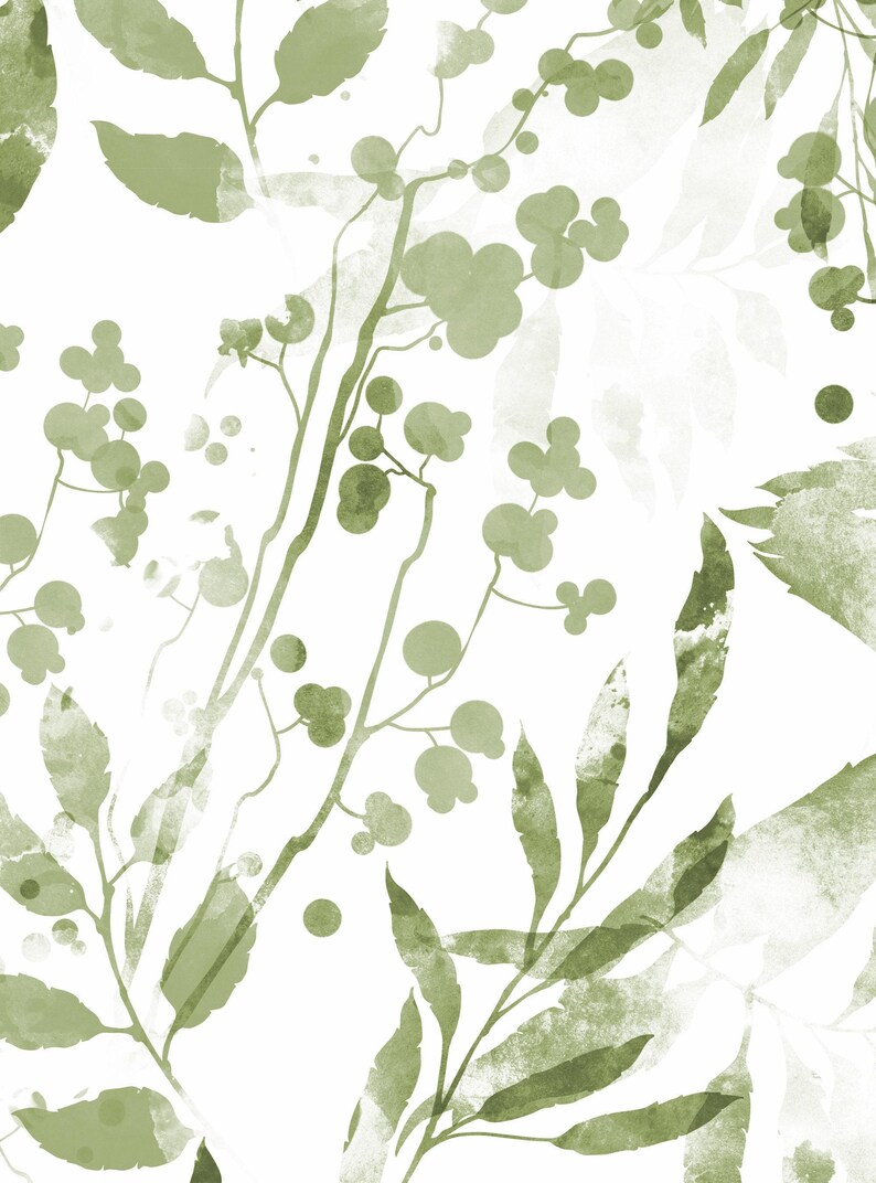 Watercolor Foliage Wall Covering | Green | Peel and Stick or Unpasted Wallpaper Mural | Non-toxic image 4