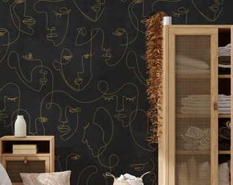 Minimalist Face Textured Look Mural Wallpaper, Black and Gold, Peel and Stick Wall Mural