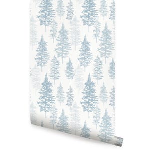Illustrated Evergreen Forest, Winter Blue,    Wallpaper