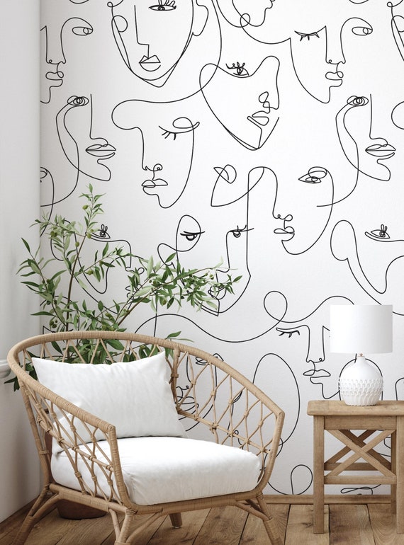 Minimalist Face Line Art Mural Wallpaper Black Peel and Etsy Canada