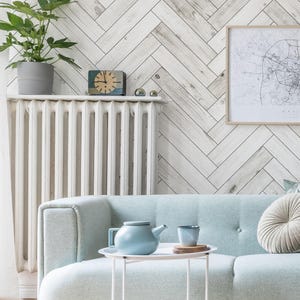 Herringbone Whitewashed Barn Wood Planks Mural Wallpaper, White, Wall Art,  Wall Mural