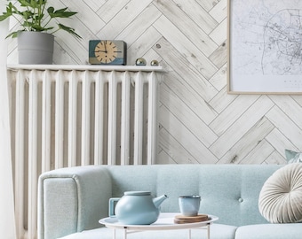Herringbone Barn Wood Plank Look Mural Wall Covering | Whitewashed | Peel and Stick or Unpasted Wallpaper Mural | Non-toxic