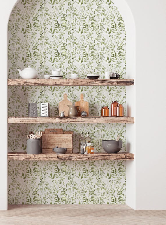 Watercolor Foliage Wall Covering | Green | Peel and Stick or Unpasted Wallpaper Mural | Non-toxic