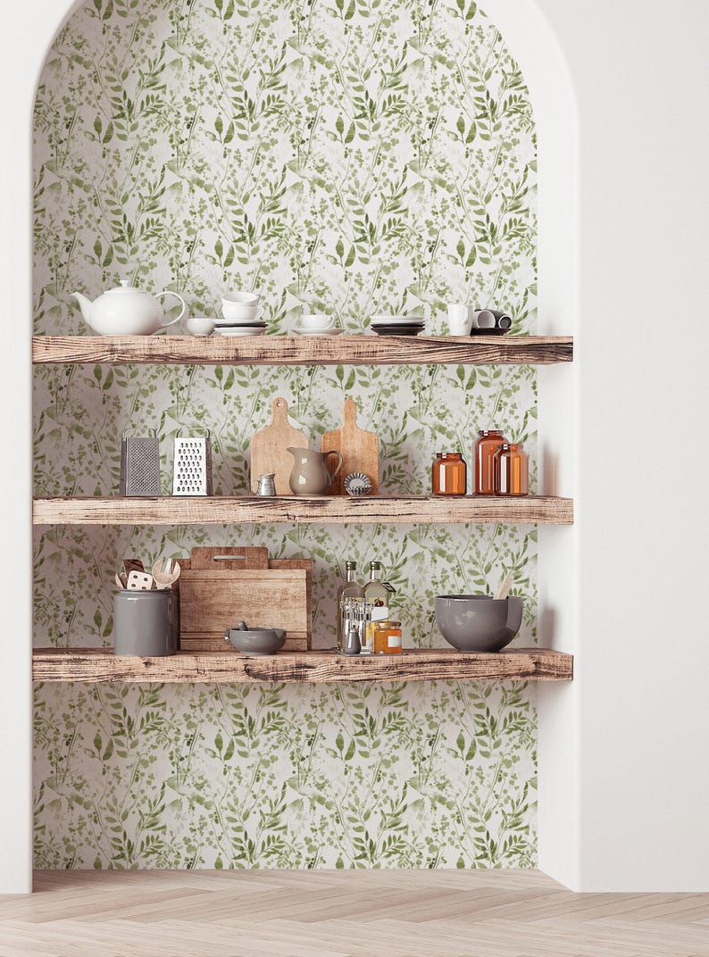 Watercolor Foliage Wall Covering | Green | Peel and Stick or Unpasted Wallpaper Mural | Non-toxic image 1