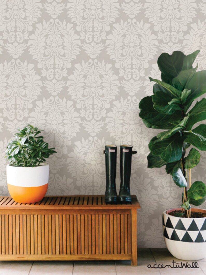 Damask Classic Beige on Grey Peel & Stick Fabric Wallpaper Etsy