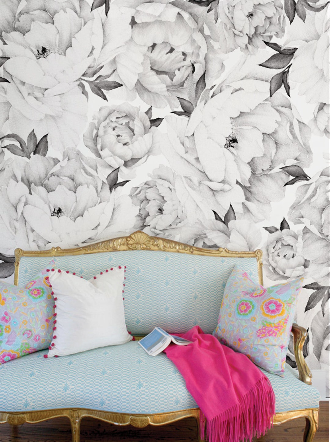 Peony Flower Mural Wallpaper, Black and White, Watercolor Peony Extra