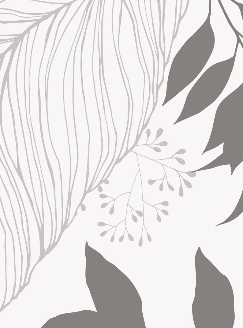 Hand Drawn Floral Leaves Mural Wall Covering | Grey | Peel and Stick or Unpasted Wallpaper Mural | Non-toxic image 6