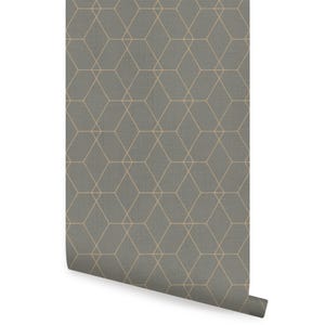 Hexagon Geometric Art Deco Lines Wallpaper, Dark Olive,    Wallpaper