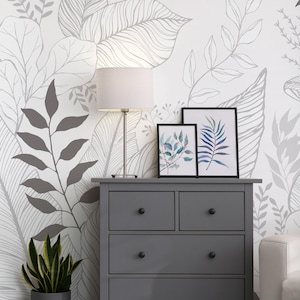 Hand Drawn Floral Leaves Mural Wall Covering | Grey | Peel and Stick or Unpasted Wallpaper Mural | Non-toxic image 1