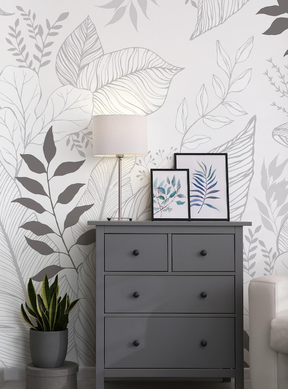 Hand Drawn Floral Leaves Mural Wall Covering | Grey | Peel and Stick or Unpasted Wallpaper Mural | Non-toxic