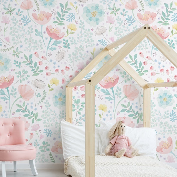 Whimsy Floral Watercolor Mural Wallpaper, Coral Mint, Peel and Stick Wall Mural