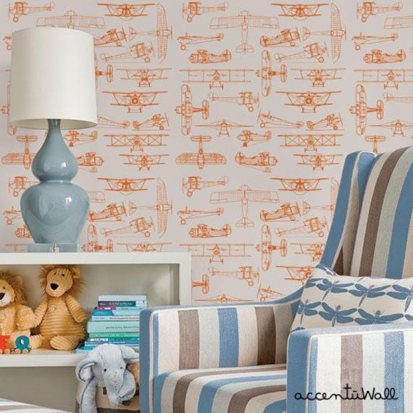 Airplanes Wall Covering | Orange Blossom | Peel and Stick or Unpasted Wallpaper Mural | Non-toxic
