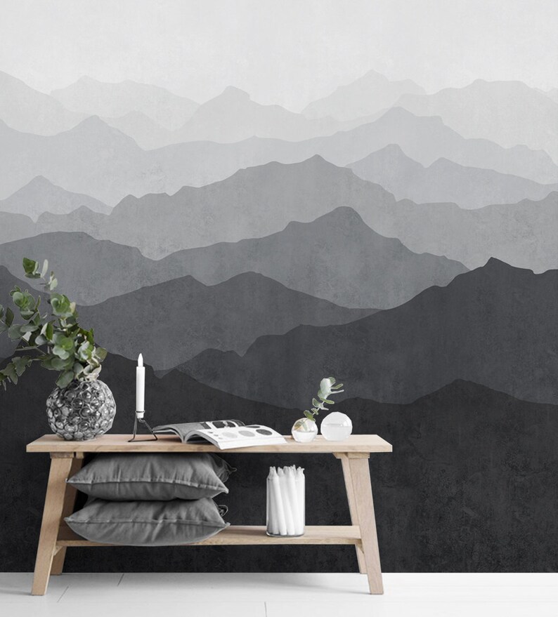 Mountain Mural Wallpaper Black and White Grey Ombre Mountain Etsy