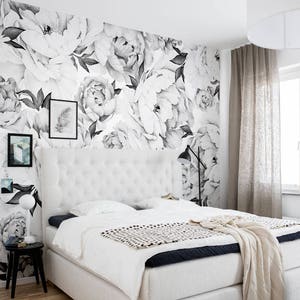 Peony Flower Mural Wallpaper, Black and White, Watercolor Peony Extra Large Wall Art, Peel and Stick Wall Mural image 3