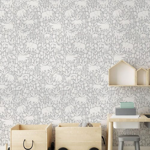 Jungle Animals Wallpaper Mural | Grey Safari Nursery Decor (Peel and Stick/Unpasted)