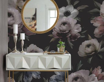 Dark Floral Wallpaper Mural Wall Covering | Midnight Flowers | Peel and Stick or Unpasted Wallpaper Mural | Non-toxic
