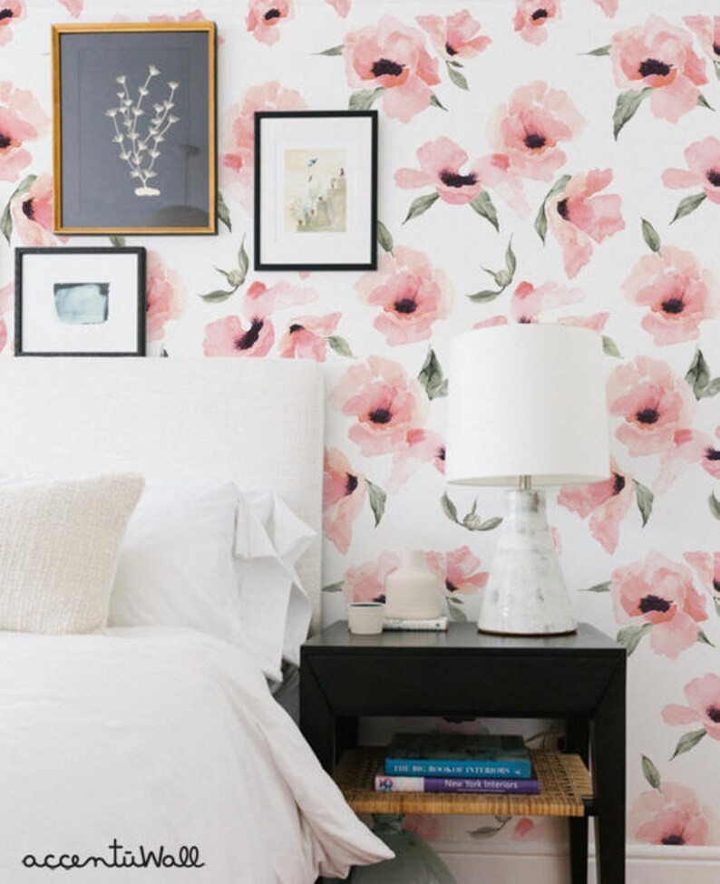 Floral Wallpaper Watercolor Poppy Flowers Pink Peel & Stick - Etsy