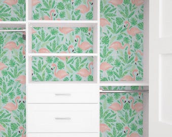 Tropical Flamingo Wall Covering | Coral Blue | Peel and Stick or Unpasted Wallpaper Mural | Non-toxic