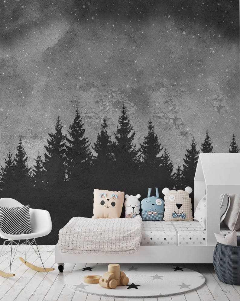 Forest Trees Night Scene Mural Wallpaper Black & White Extra Etsy UK