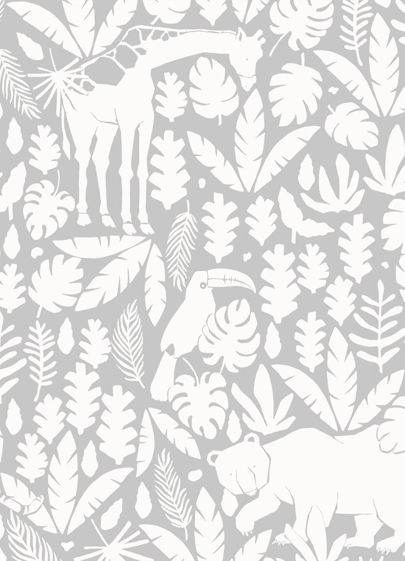 Jungle Animals Pattern Cool Grey Peel /& Stick Fabric Wallpaper Repositionable