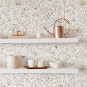 Botanical Garden Hand Drawn Flowers Wall Covering | Gold | Peel &#39;n Stick or Unpasted Wallpaper Mural | Non-toxic