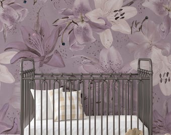 Tiger Lily Mural Wall Covering | Dusty Lavender | Peel and Stick or Unpasted Wallpaper Mural | Non-toxic