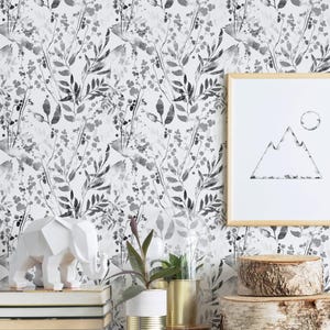 Watercolor Foliage Wall Covering | Black and White | Peel and Stick or Unpasted Wallpaper Mural | Non-toxic image 1