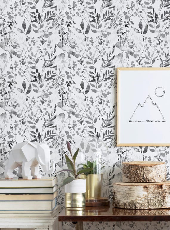 Watercolor Foliage Wall Covering | Black and White | Peel and Stick or Unpasted Wallpaper Mural | Non-toxic