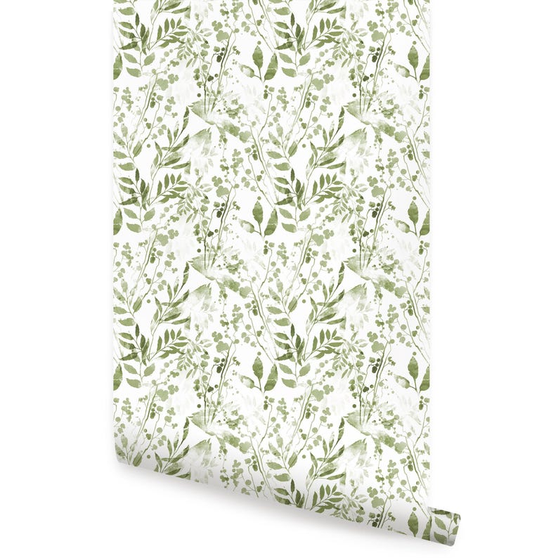 Watercolor Foliage Wall Covering | Green | Peel and Stick or Unpasted Wallpaper Mural | Non-toxic image 5
