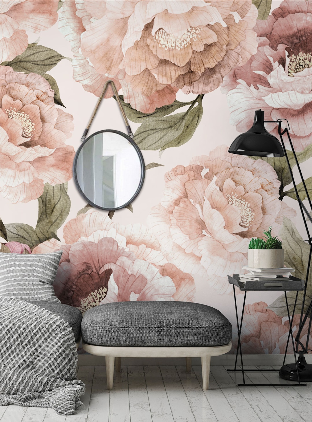 Bloom Flower Mural Wallpaper Green Watercolor Floral Wall Art Wall