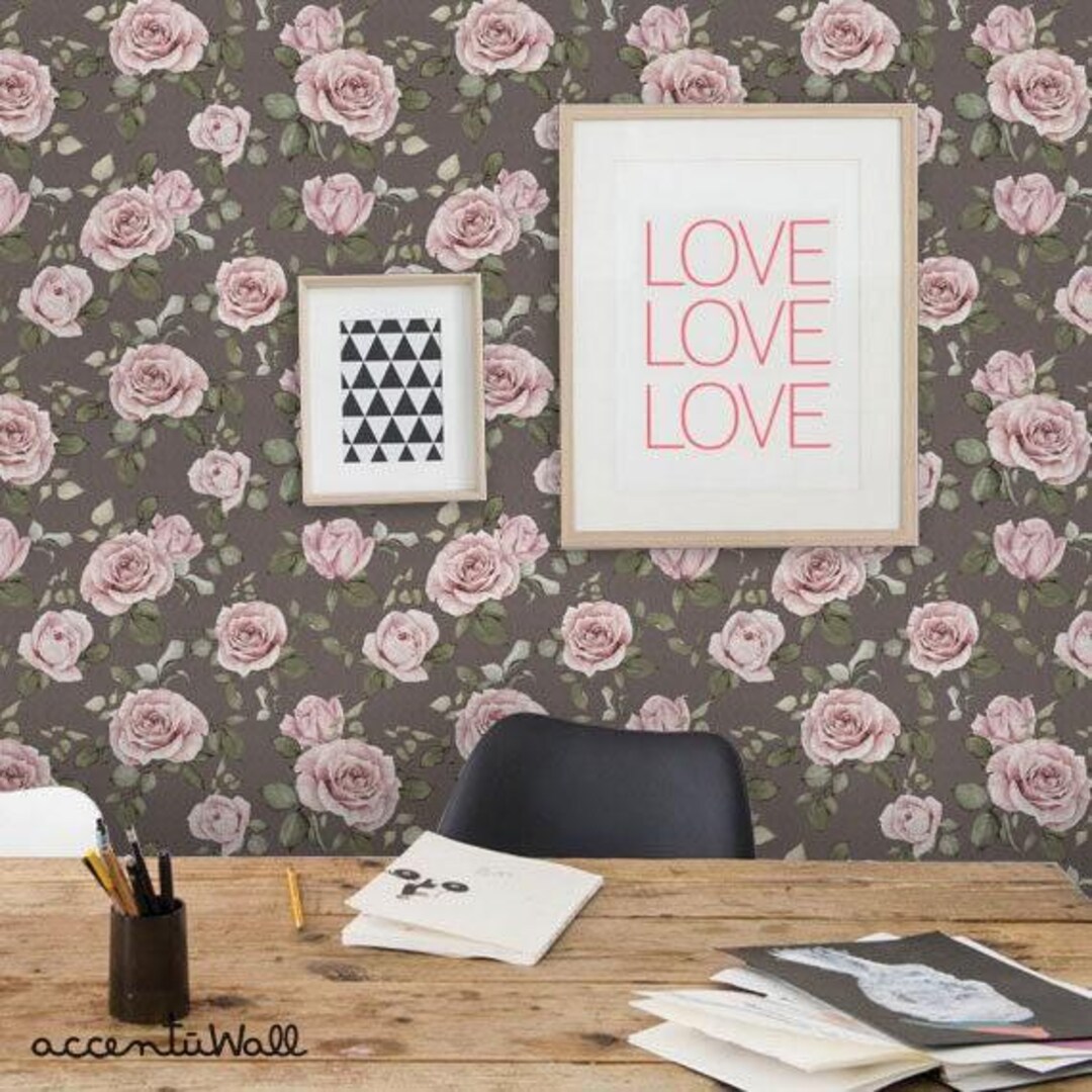 Rose Wall Covering | Dark Grey and Pink | Peel 'n Stick or Unpasted ...
